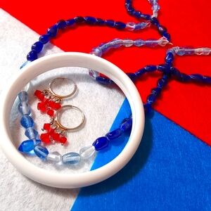Patriotic Jewelry Lot Blue Glass Popover Beads, White Bangle & Red Crystal Hoops